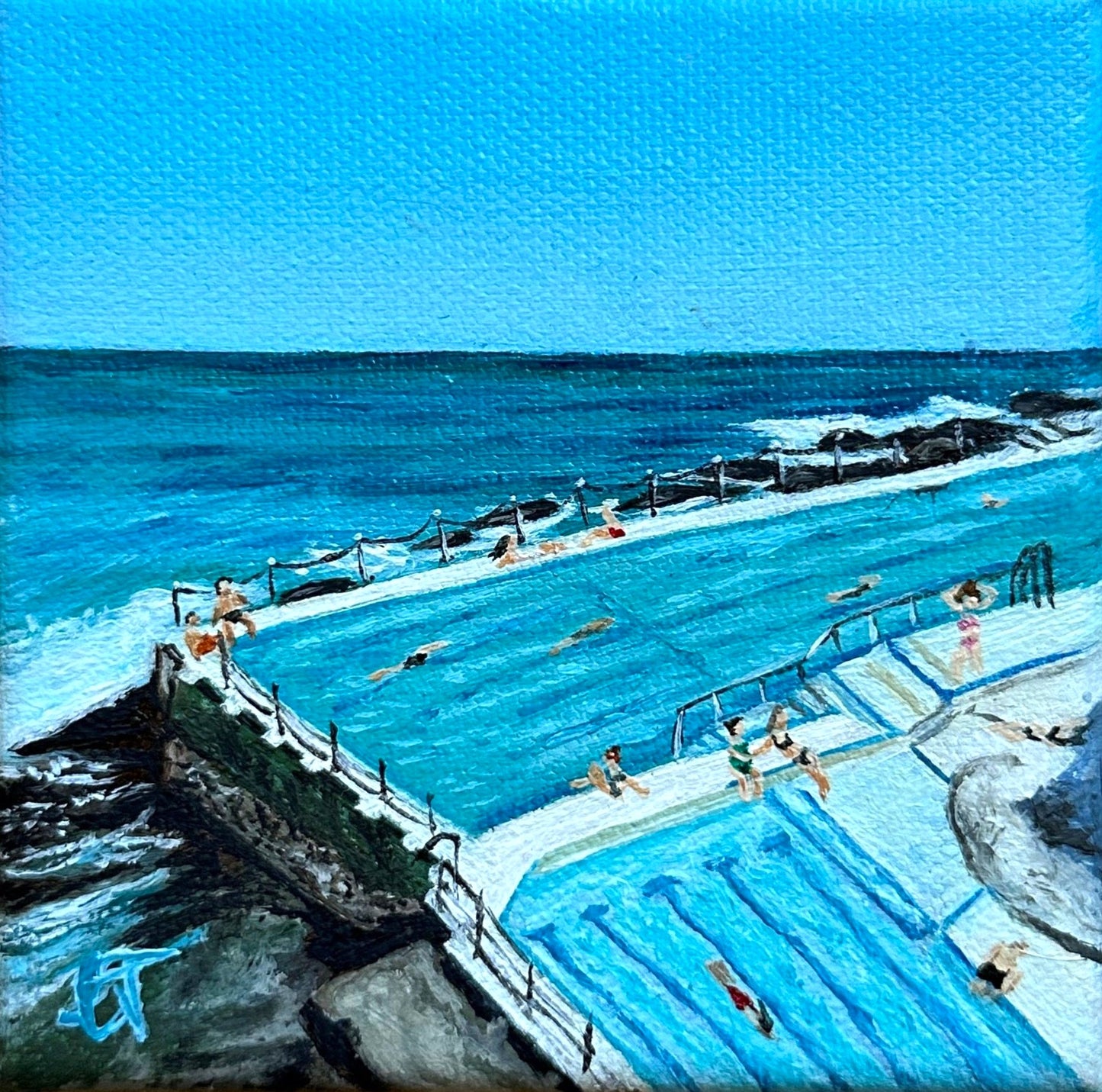 Mini oil painting of Bondi Icebergs and its ocean pools at one of Sydney's most iconic beaches, Bondi Beach.