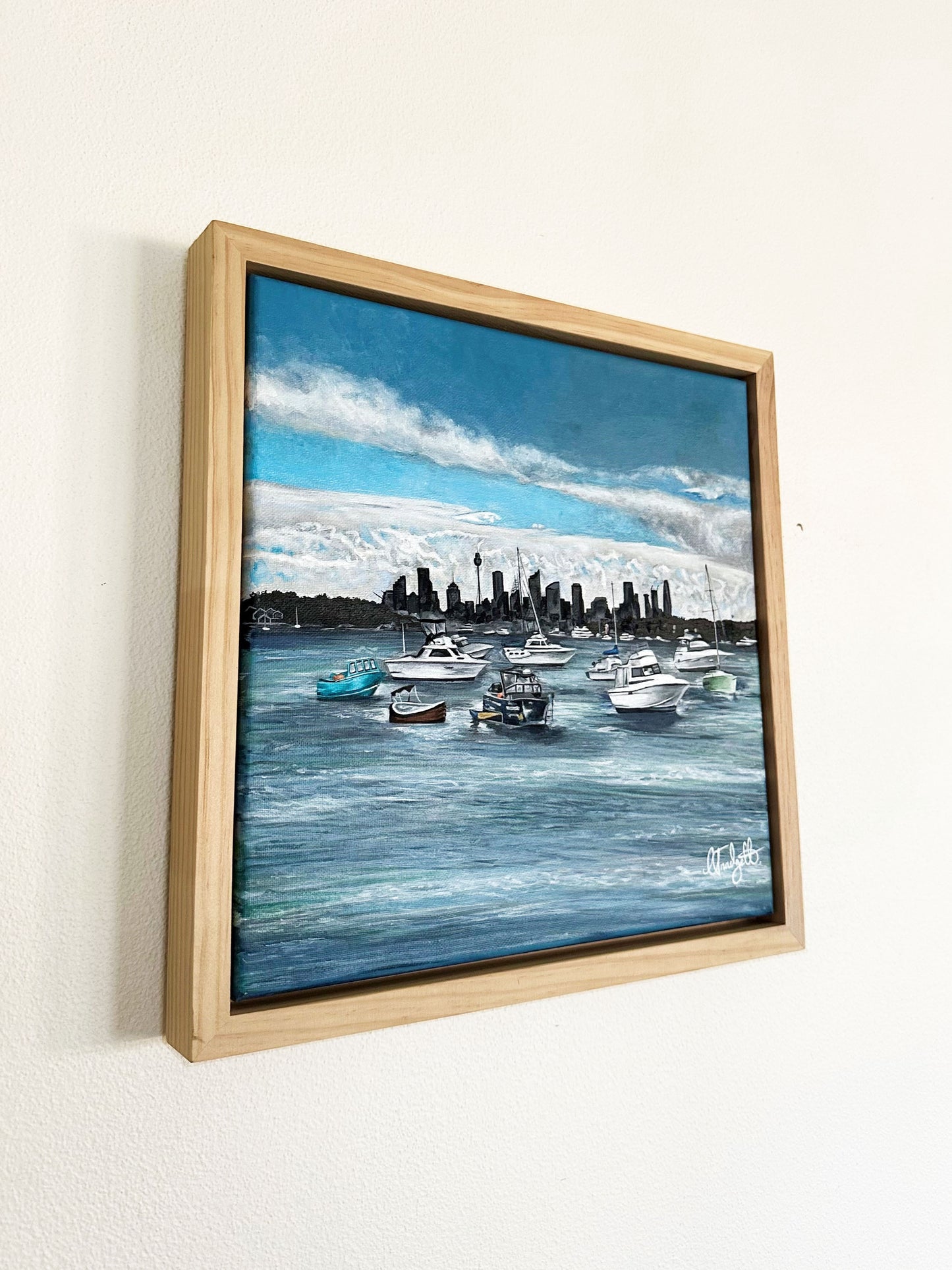 A fine art print of an original oil painting featuring a painting of boats on the water at Watson's Bay, Vaucluse, with the Sydney skyline in the background, capturing a stormy atmosphere.