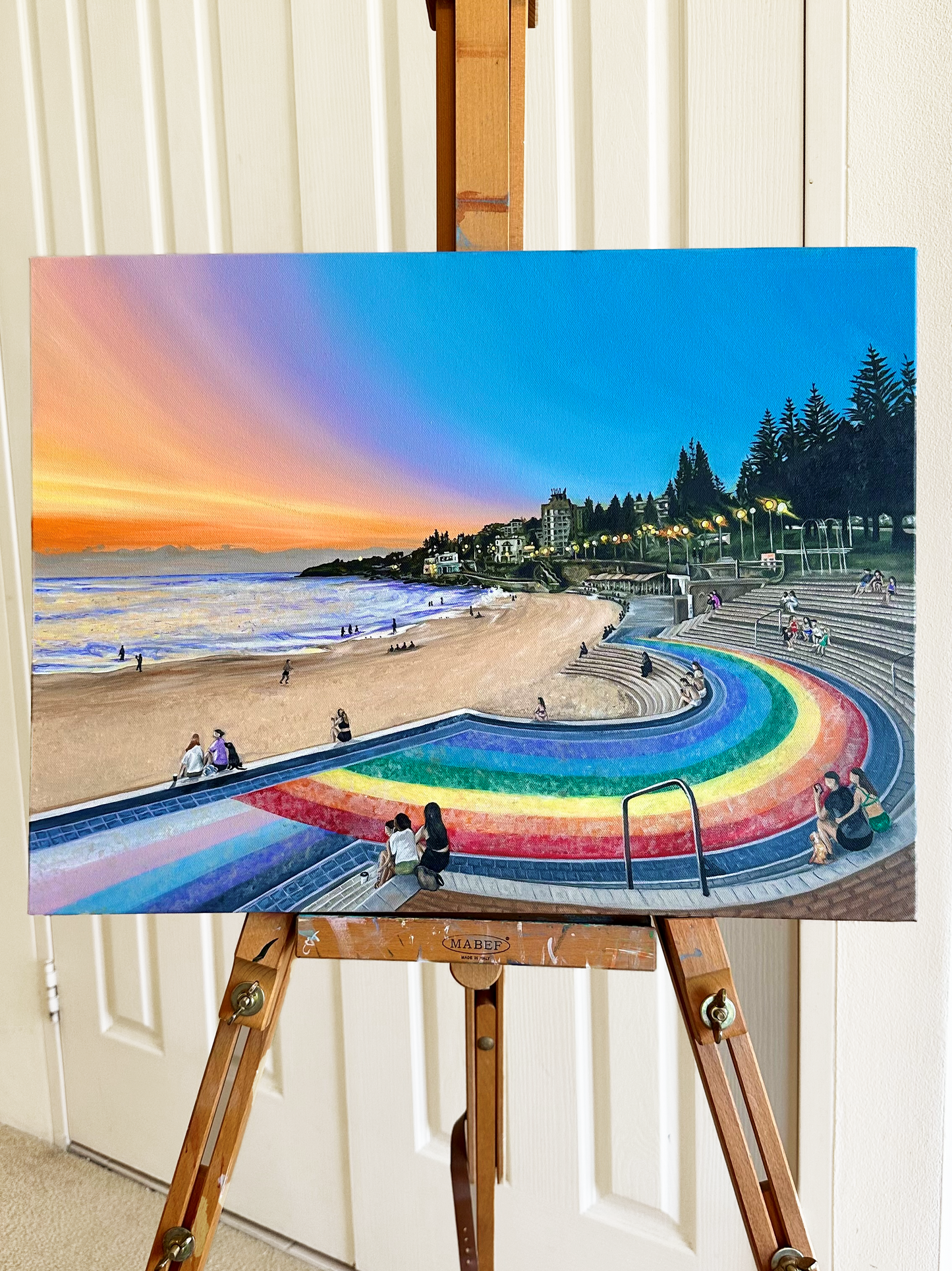 Original Oil Painting of Coogee Beach Rainbow at Sunrise. One of the most iconic beaches in Sydney.