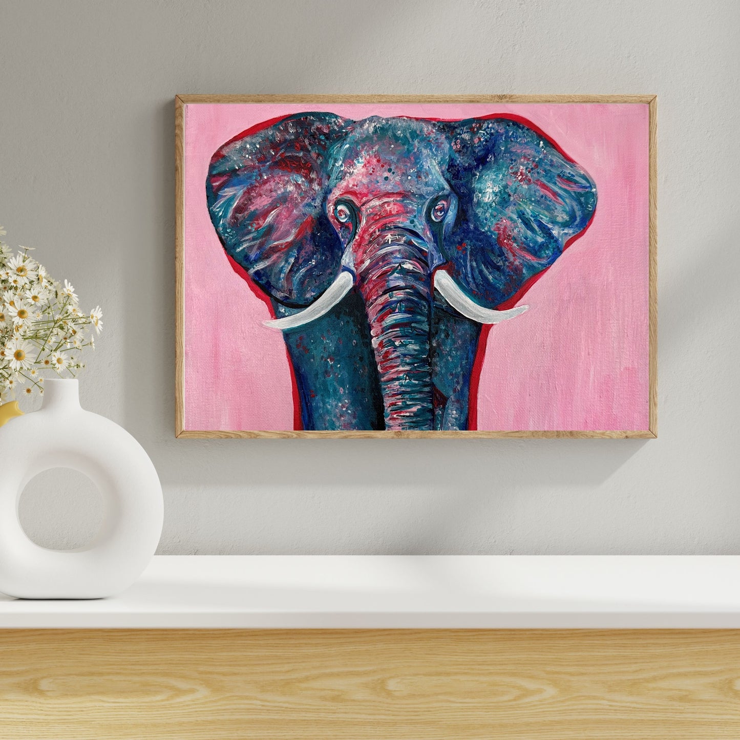 Acrylic Painting of Elephant Pink and Turquoise
