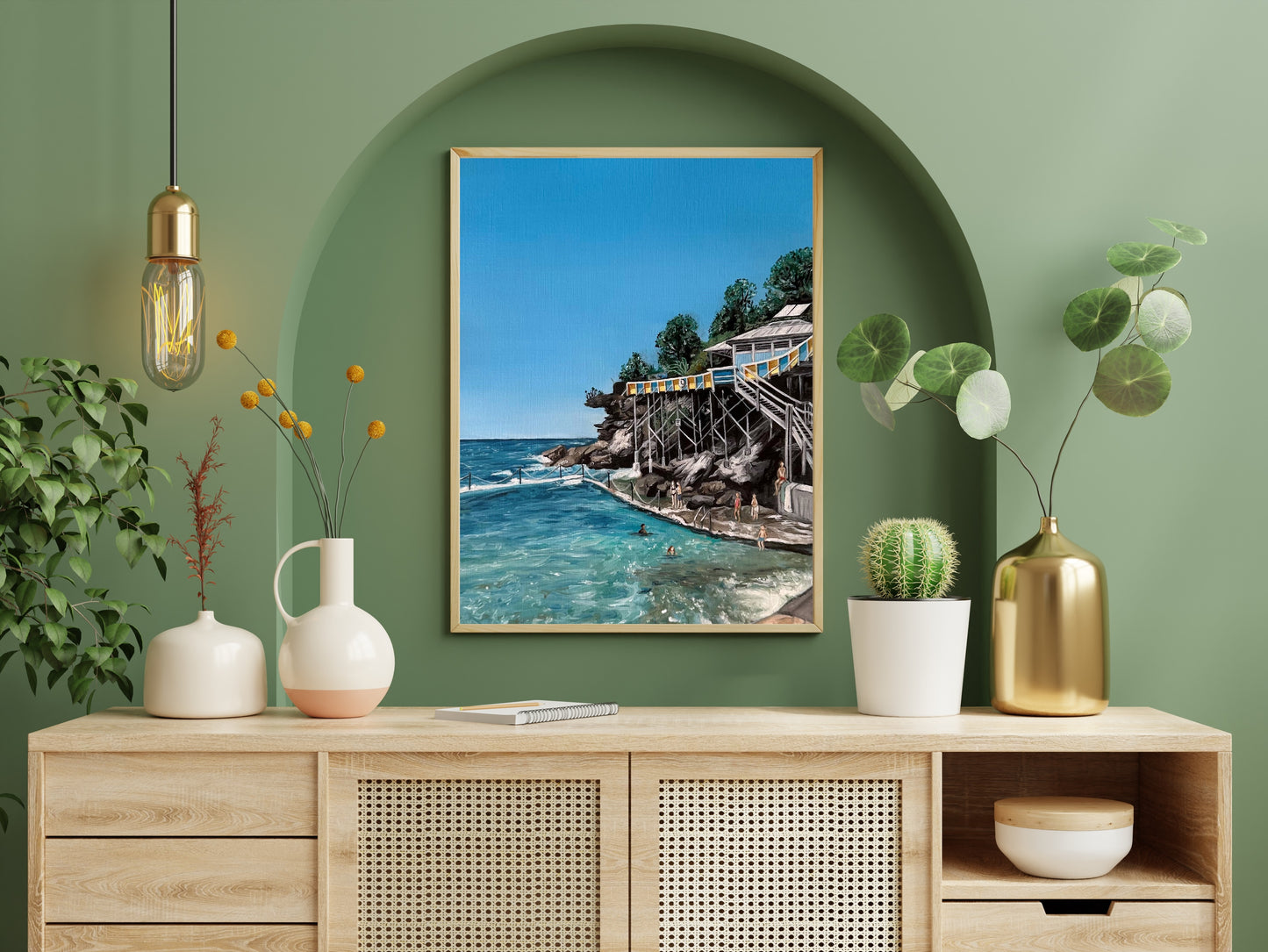 A fine art print of an oil painting depicting Wylie's Baths and Coogee Beach, featuring clear blue sky, ocean, and a man-made bath structure with people in the water. One of the most iconic beaches in Sydney.