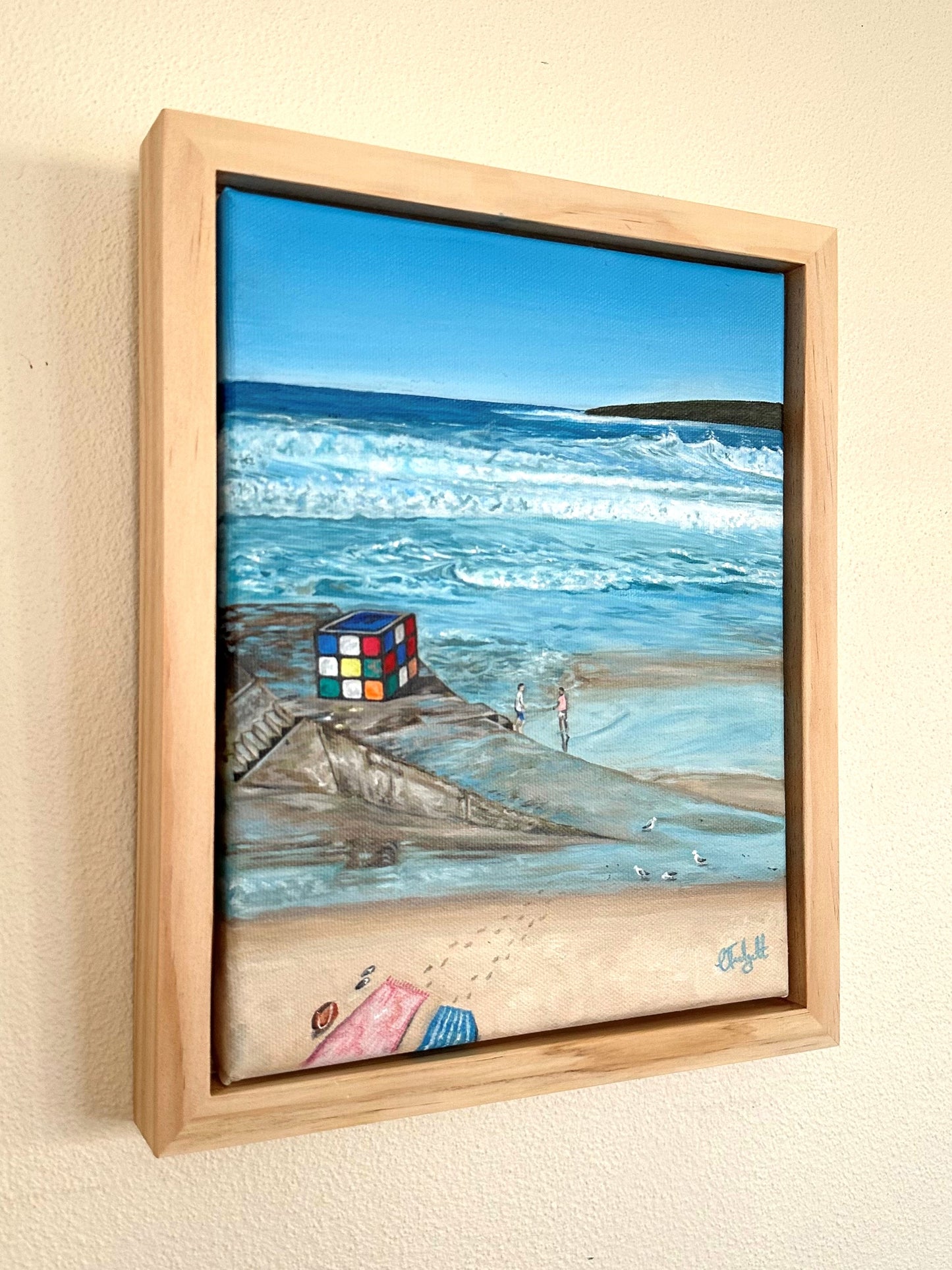 Print of Maroubra Beach Oil Painting with Rubiks Cube. One of the most iconic beaches in Sydney.