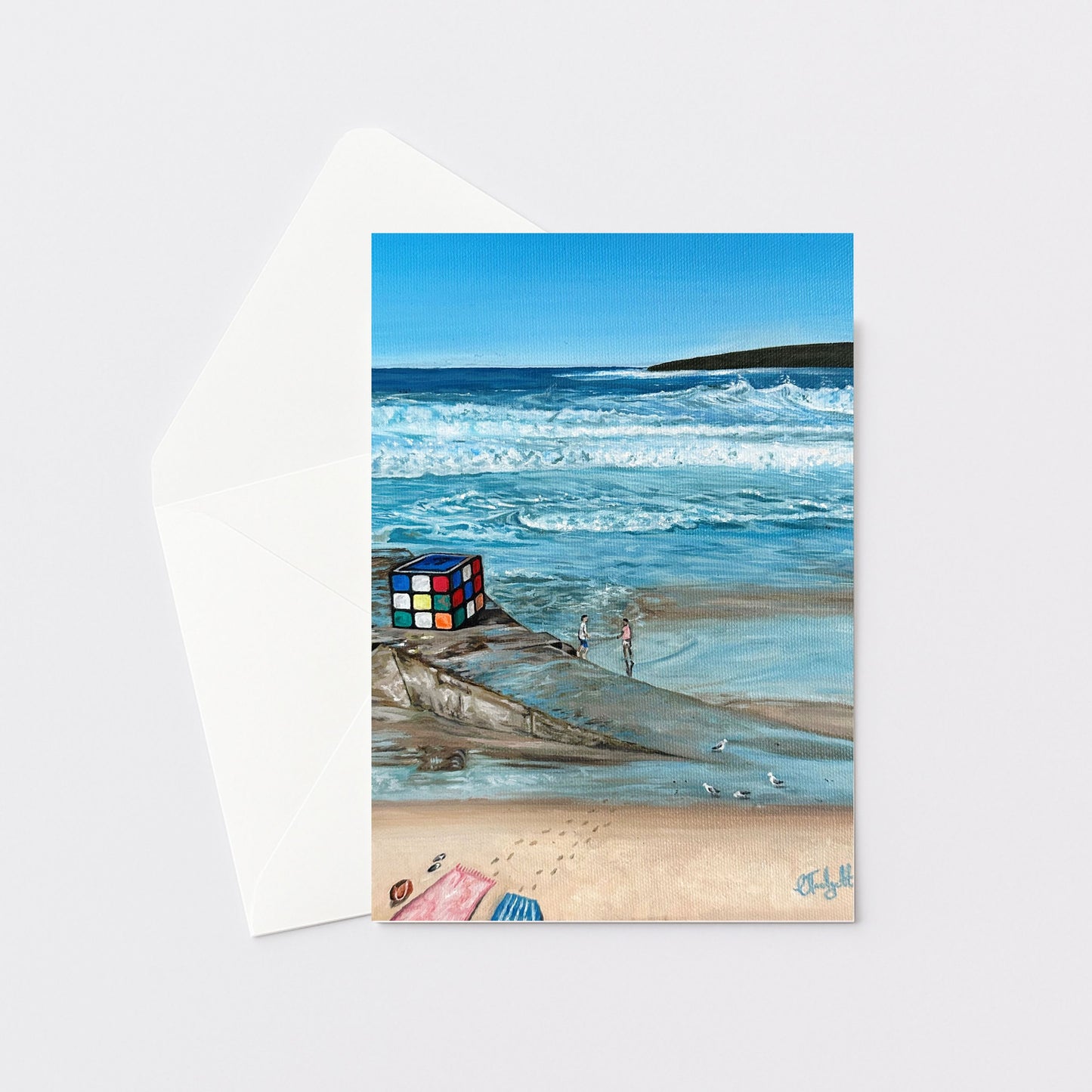 Greeting card featuring original Oil painting of the Rubiks Cube at Maroubra Beach, Sydney