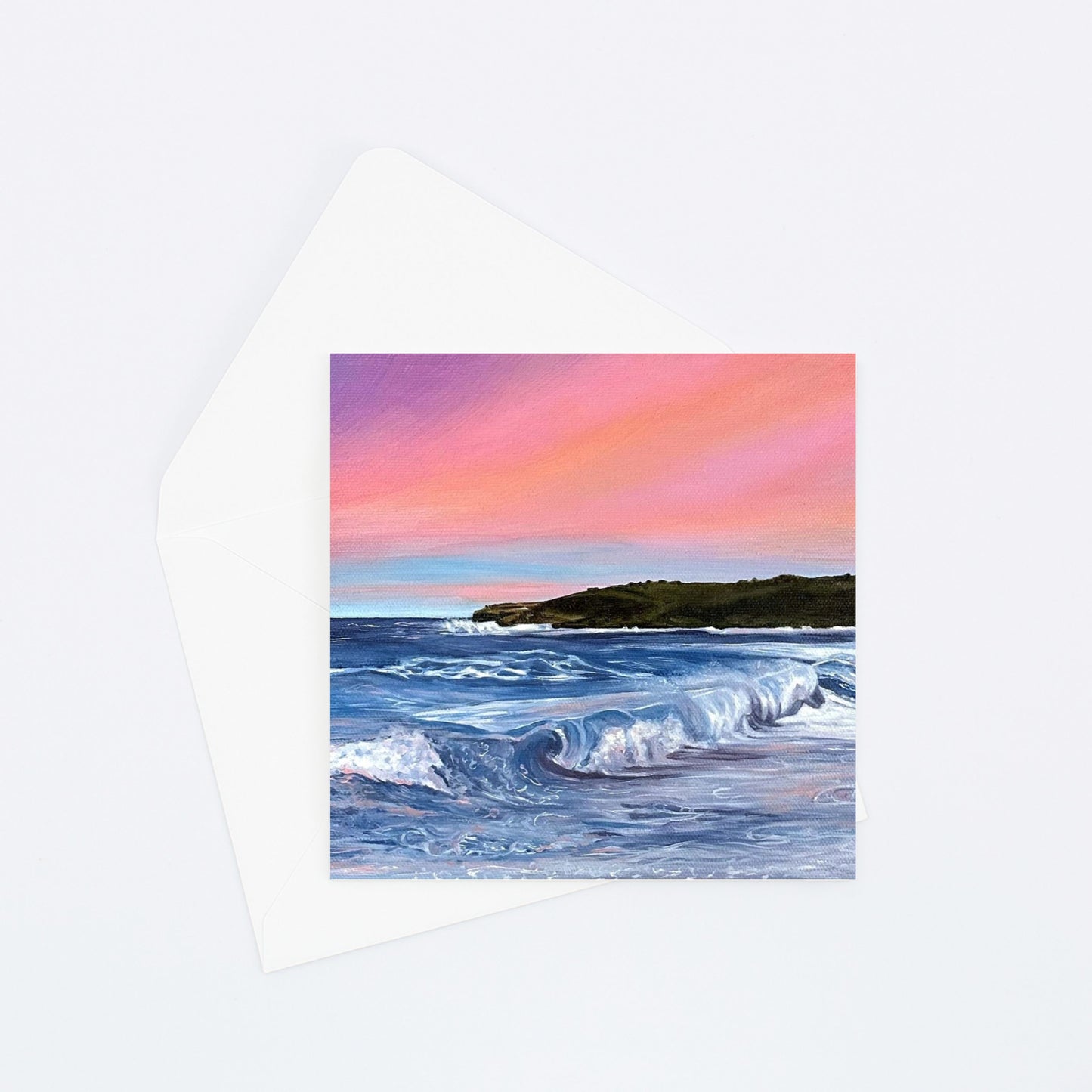 Greeting Card featuring oil painting of a pink sunrise over Maroubra Beach, Sydney