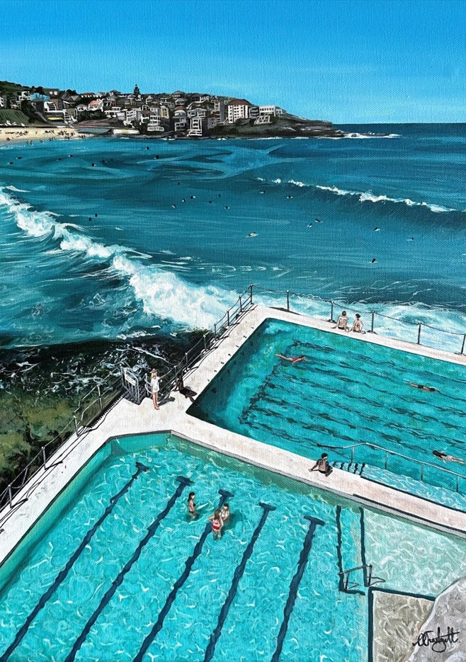 A fine art print depicting a vibrant oil painting of Bondi Beach, showing both the iconic Bondi Icebergs Club pool and the ocean with waves. The print captures a bright, sunny day and includes people in the pool and along the edge. One of the most iconic beaches in Sydney.