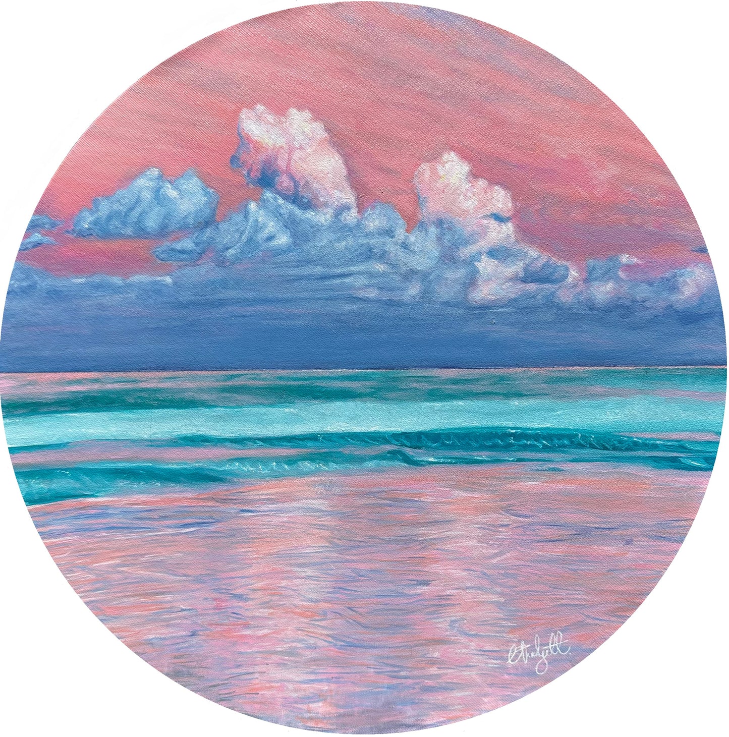 A circular fine art print depicting a whimsical seascape with soft, swirling clouds in shades of pink, purple, and blue reflecting on a serene water surface.