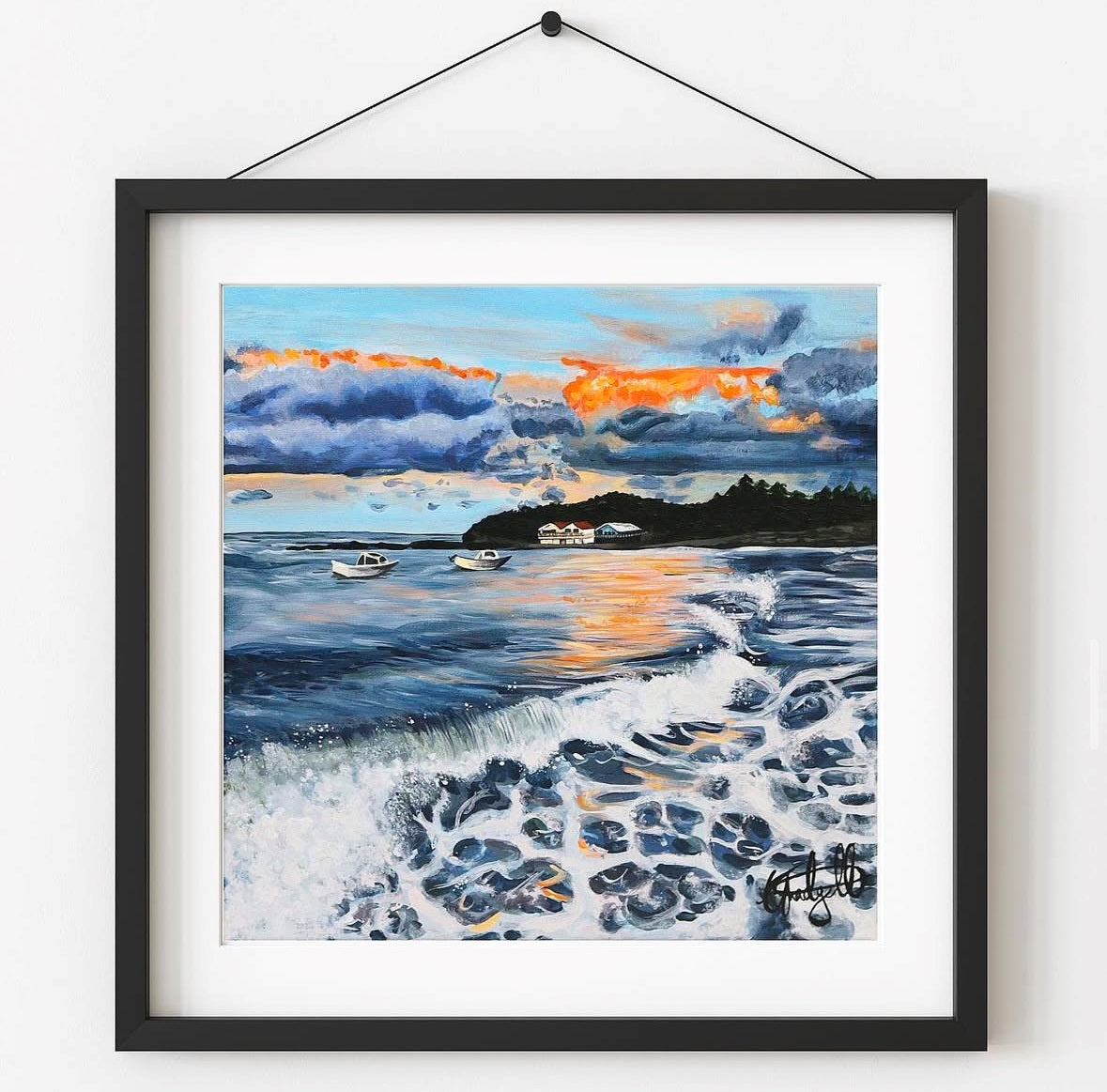 A fine art print of an original oil painting depicting a seascape with a sunset over Terrigal, NSW Central Coast, showing boats on the water and a vividly colored sky.