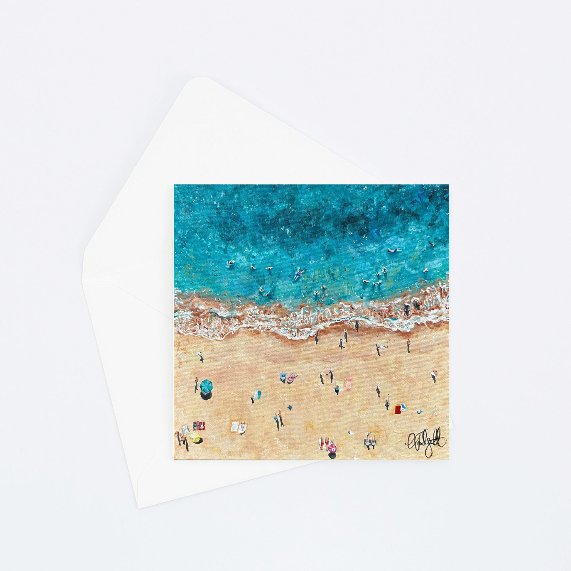 Greeting card of oil painting of a beach scene from above 
