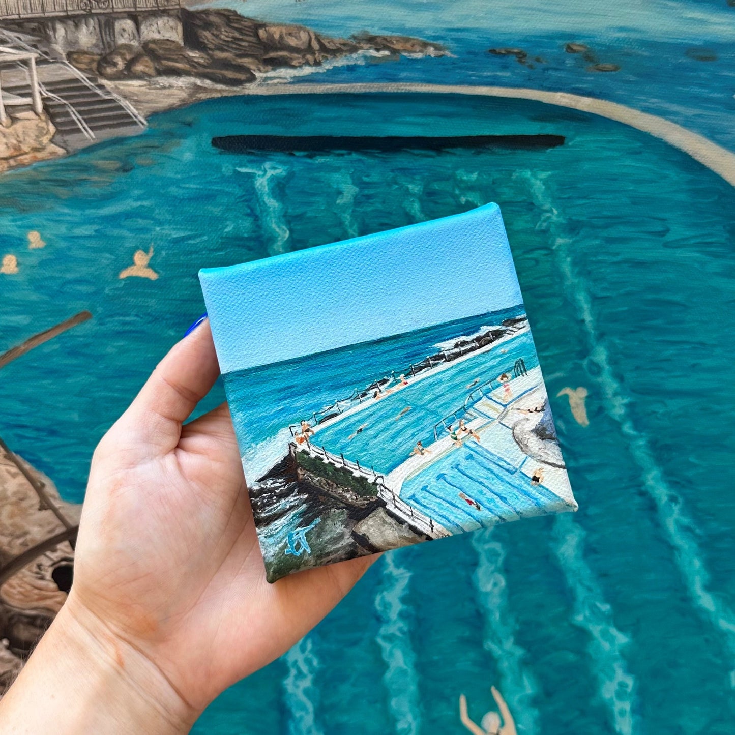 Mini oil painting of Bondi Icebergs and its ocean pools at one of Sydney's most iconic beaches, Bondi Beach.
