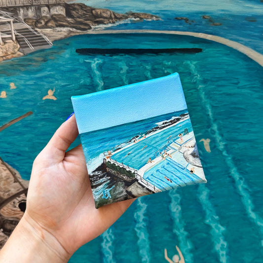 Mini oil painting of Bondi Icebergs and its ocean pools at one of Sydney's most iconic beaches, Bondi Beach.