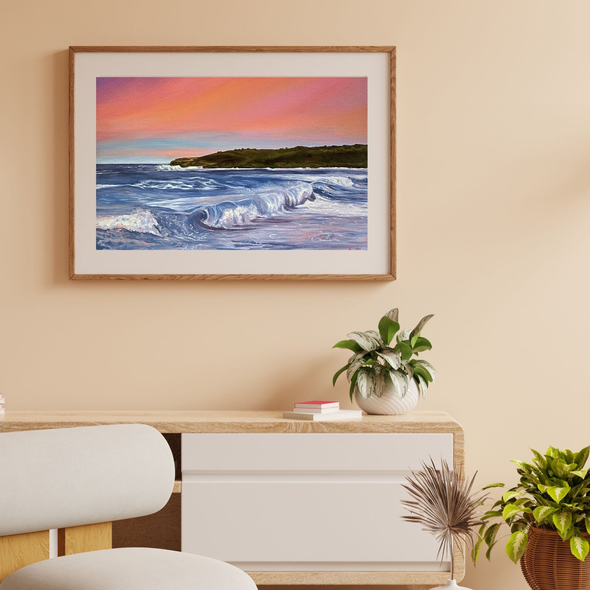 Print of Maroubra Beach Oil Painting with Sunrise and Waves. One of the most iconic beaches in Sydney.