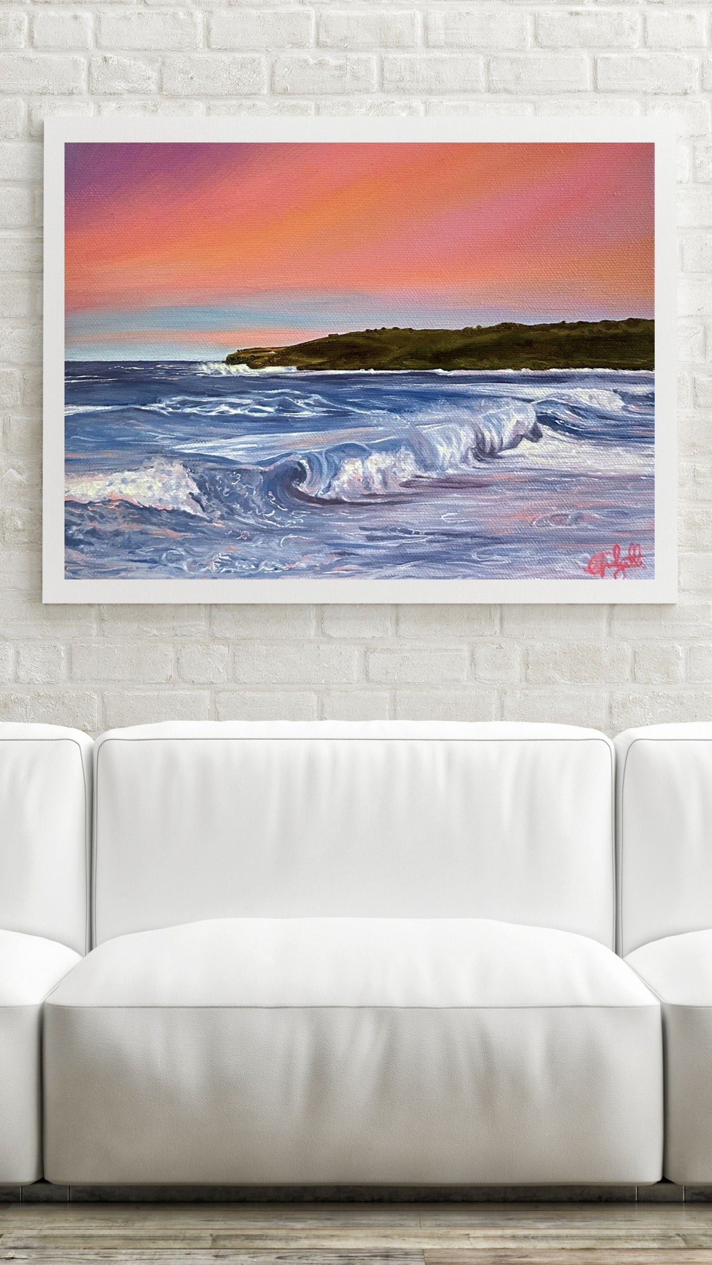 Print of Maroubra Beach Oil Painting with Sunrise and Waves. One of the most iconic beaches in Sydney.