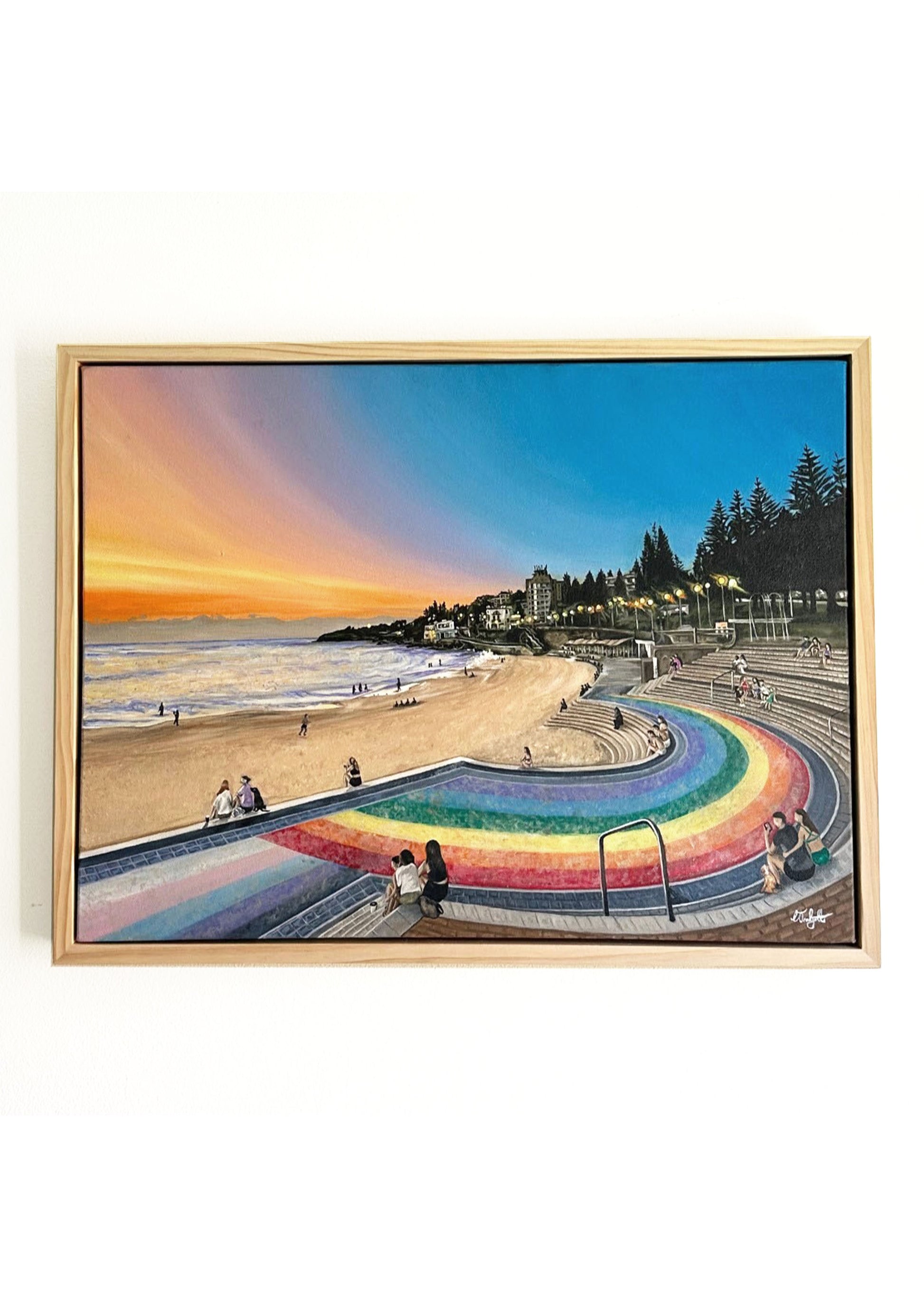 Framed oil painting of Coogee Beach and the rainbow walkway, Sydney.