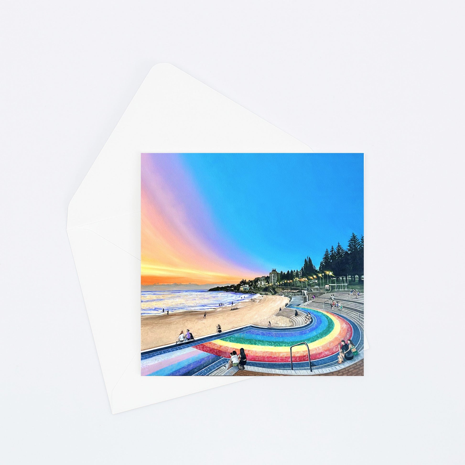 Greeting card featuring oil painting of the rainbow walkway at Coogee Beach, Sydney, at sunrise. 