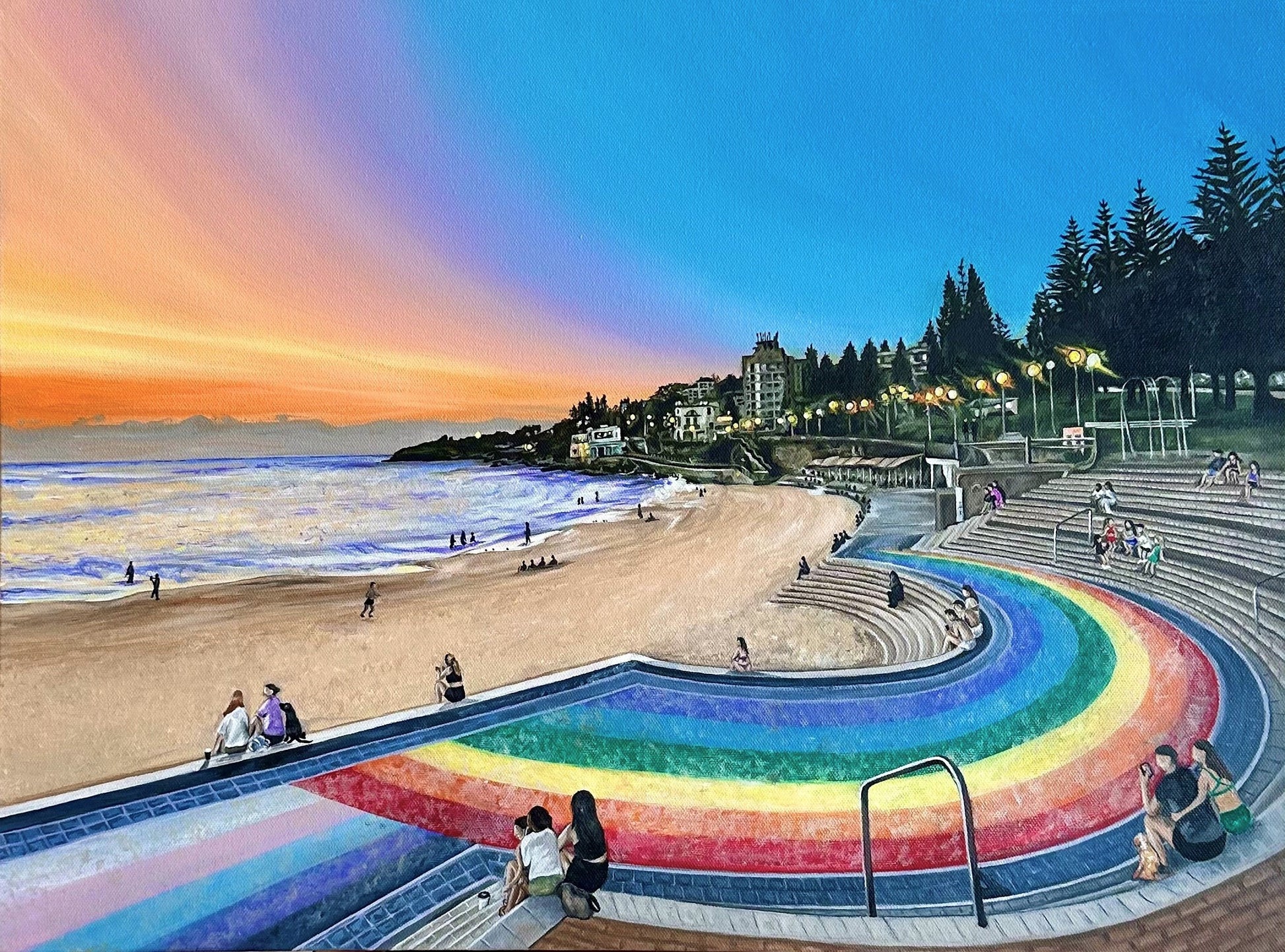 Original Oil Painting of Coogee Beach Rainbow at Sunrise. One of the most iconic beaches in Sydney.
