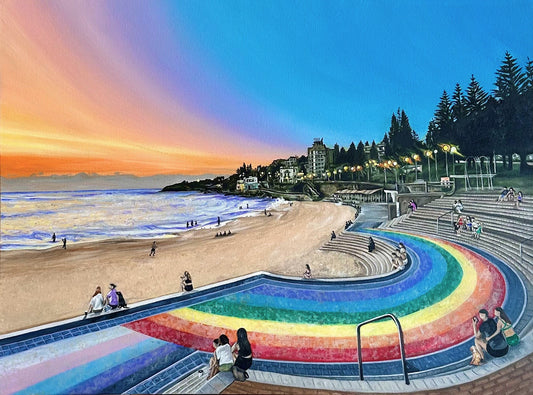 Original Oil Painting of Coogee Beach Rainbow at Sunrise. One of the most iconic beaches in Sydney.