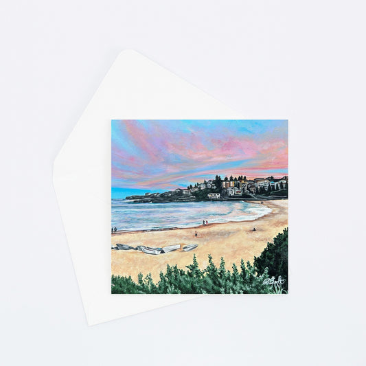 Greeting Card Featuring oil painting of Coogee Beach, Sydney, at sunset. 
