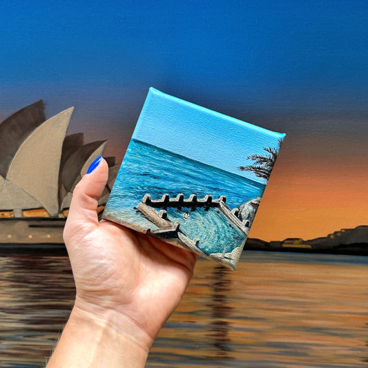 Miniature mini painting of Coogee Beach and Ocean Pool, one of Sydney's iconic Eastern Beaches 