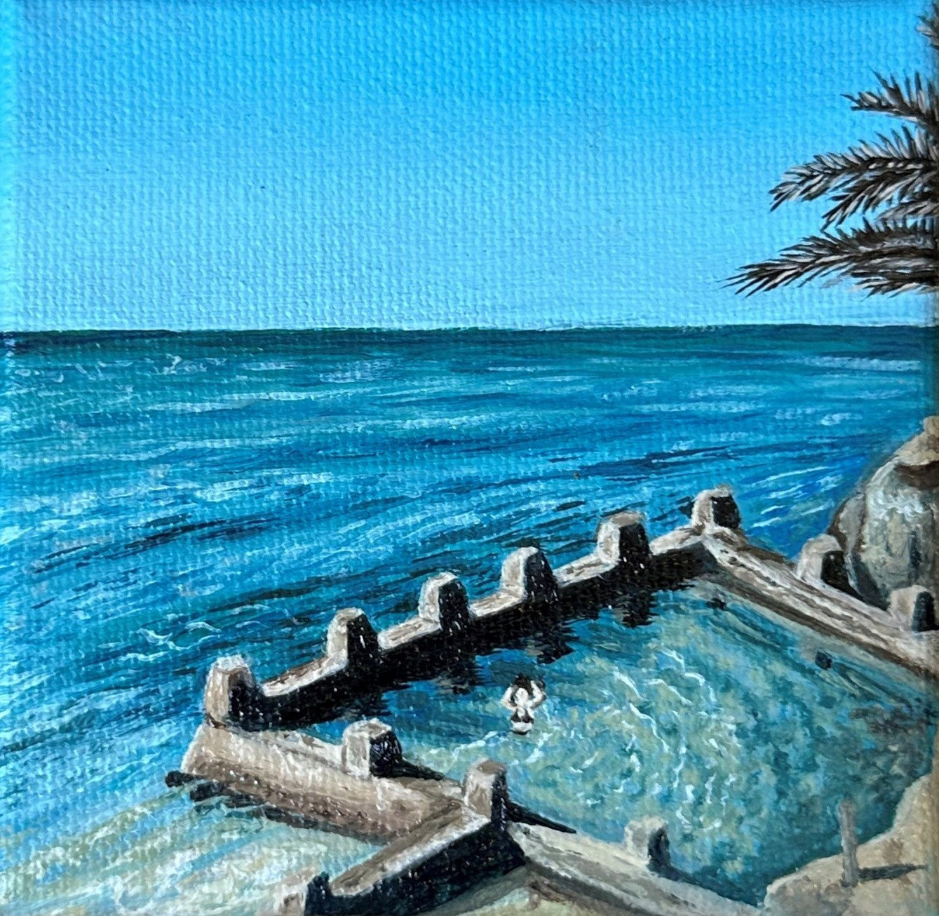 Miniature mini painting of Coogee Beach and Ocean Pool, one of Sydney's iconic Eastern Beaches 