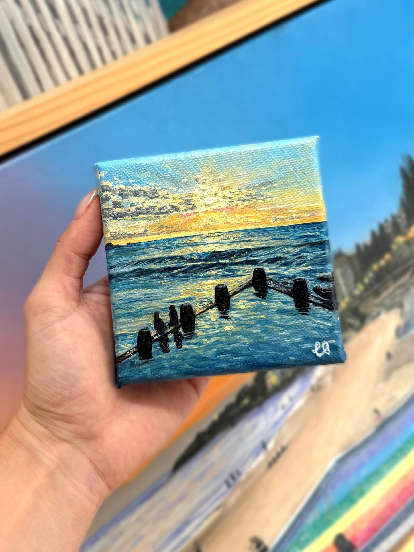 Mini oil painting of sunrise over Coogee Ocean Pool at Coogee Beach, Sydney