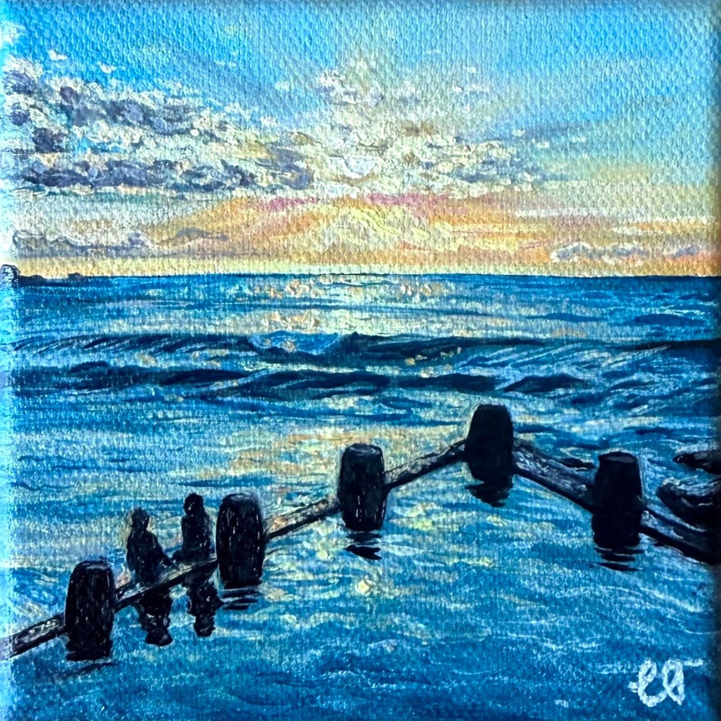 Mini oil painting of sunrise over Coogee Ocean Pool at Coogee Beach, Sydney