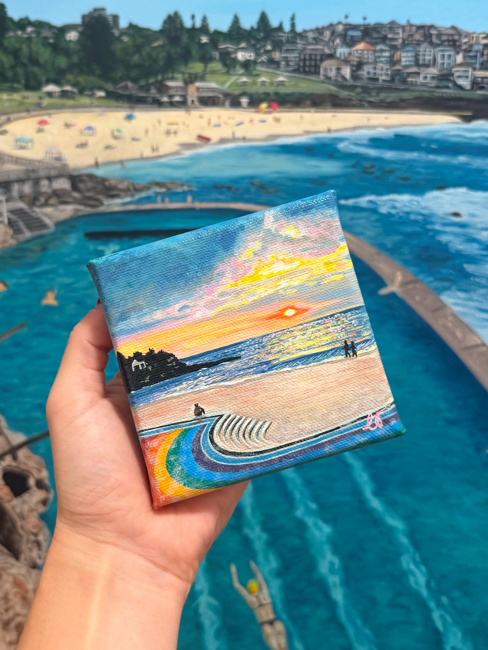 Mini oil painting of the rainbow walkway at Coogee Beach, Sydney Australia 