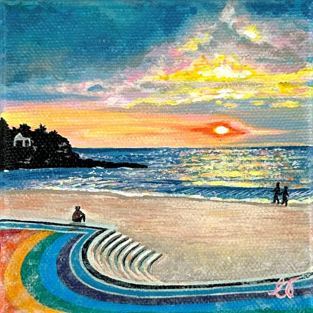 Mini Painting of Coogee Beach at Sunrise and iconic rainbow walkway, Sydney