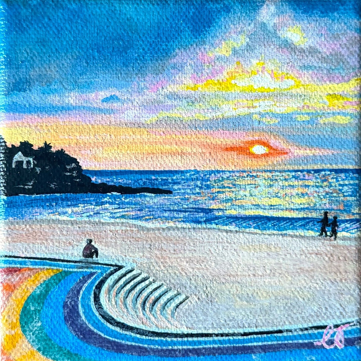 Mini oil painting of the rainbow walkway at Coogee Beach, Sydney Australia 