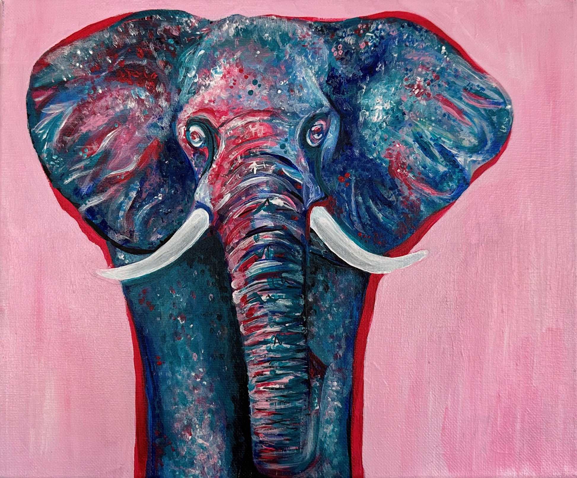 Acrylic Painting of Elephant Pink and Turquoise