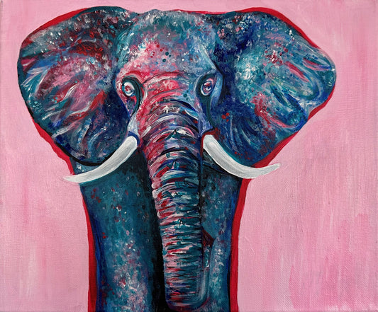 Acrylic Painting of Elephant Pink and Turquoise