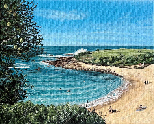 Oil painting of a quiet day at Little Bay beach, seascape 