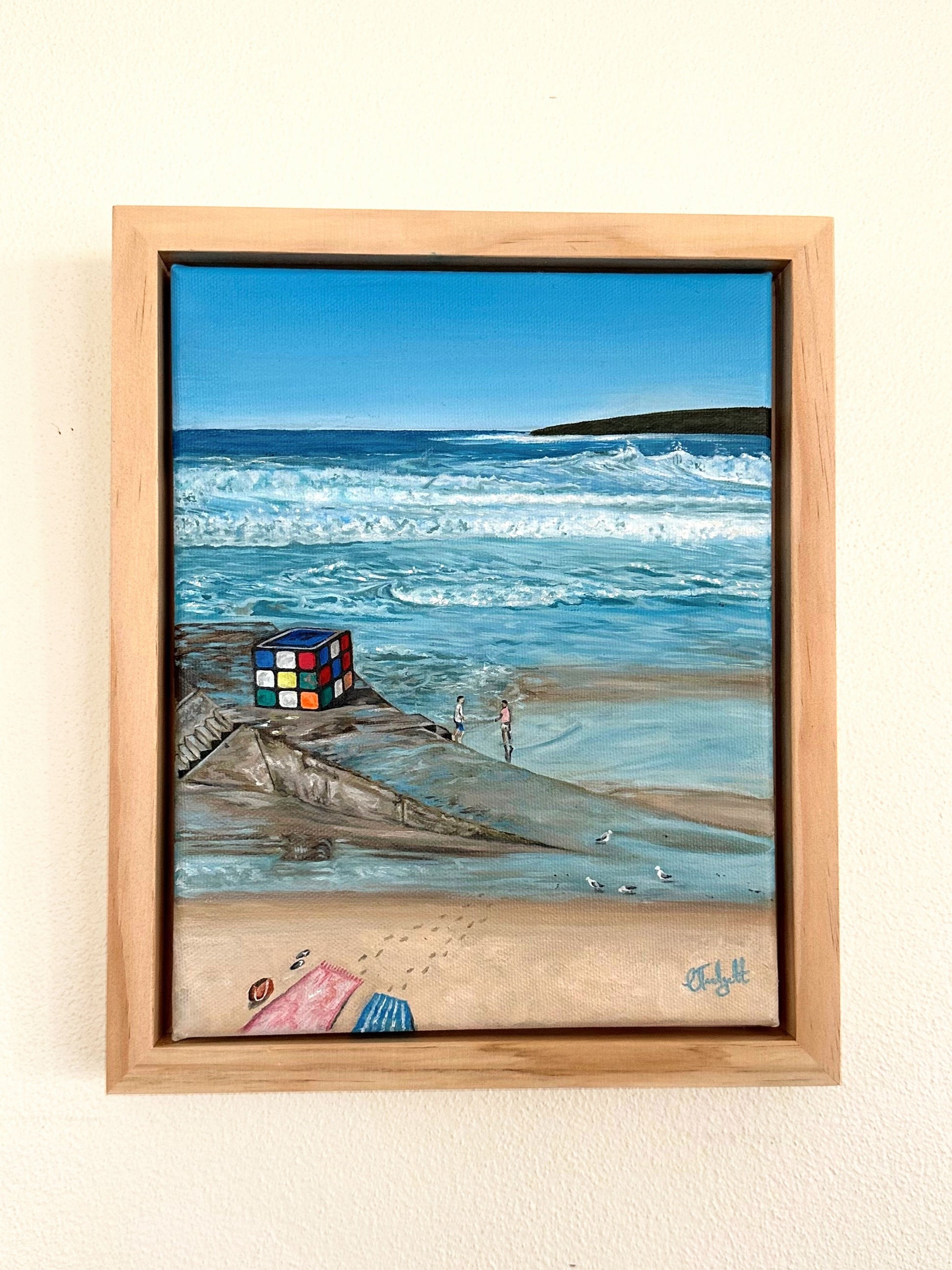 Maroubra Beach Oil Painting with Rubiks Cube. One of the most iconic beaches in Sydney.