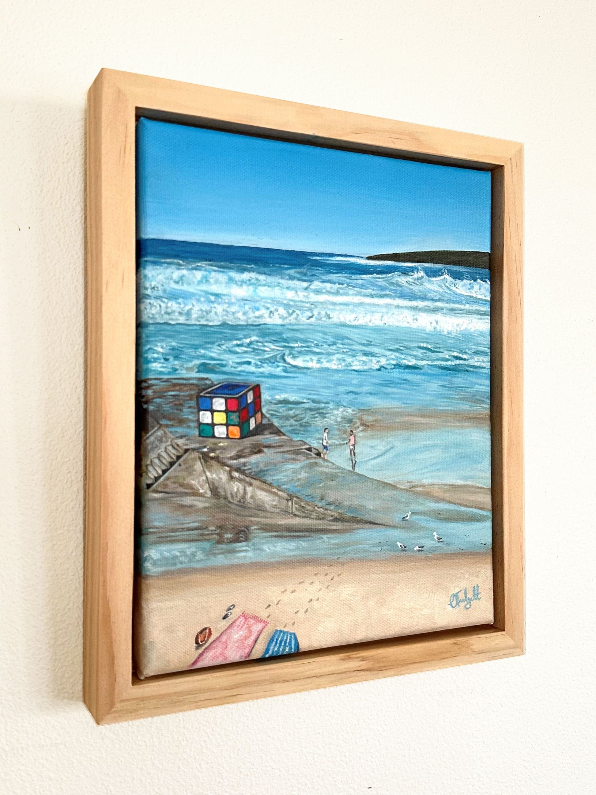Maroubra Beach Oil Painting with Rubiks Cube.One of the most iconic beaches in Sydney.