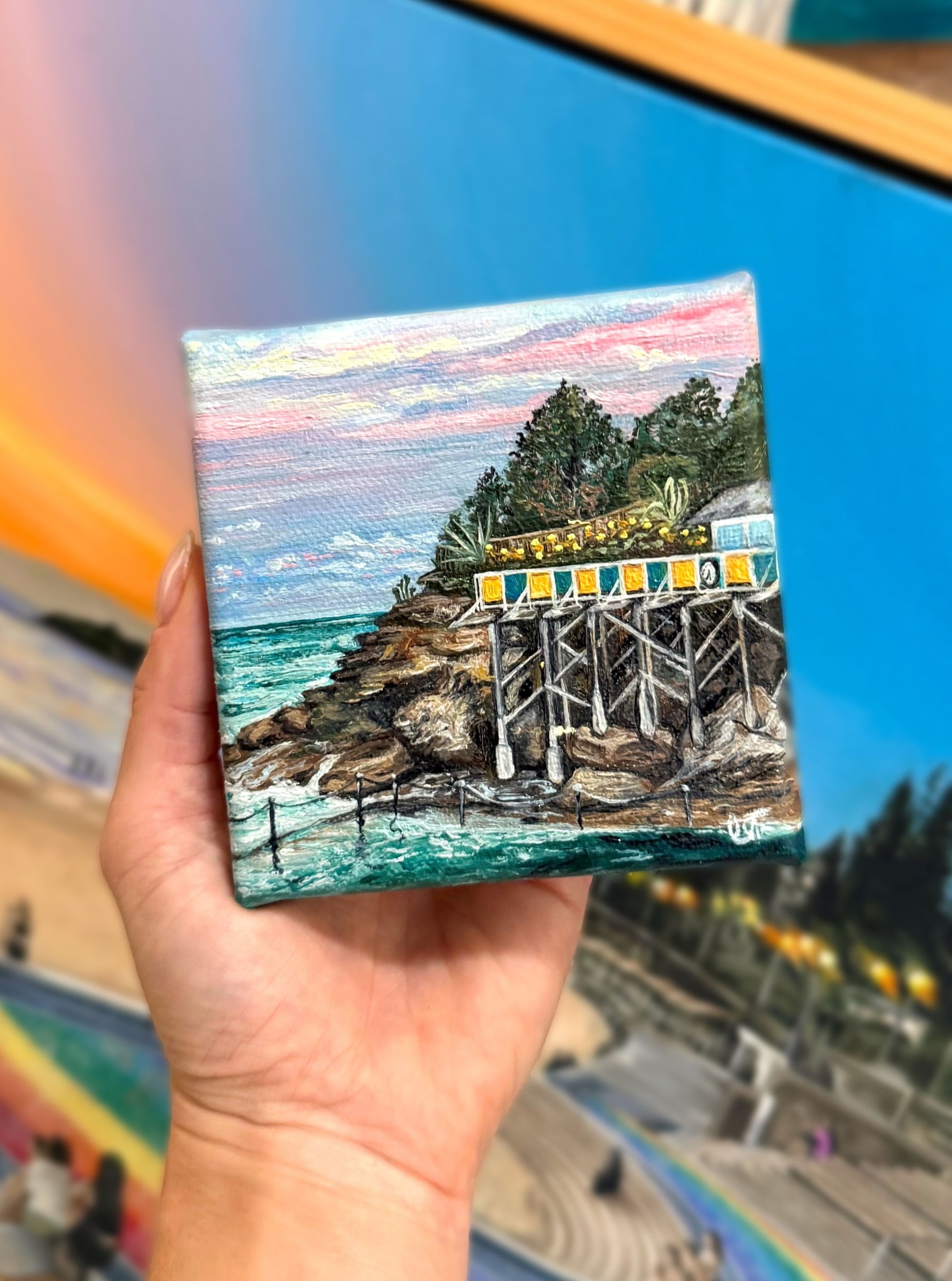 Mini oil painting of Wylies Baths at Sunset, Coogee Beach, Sydney