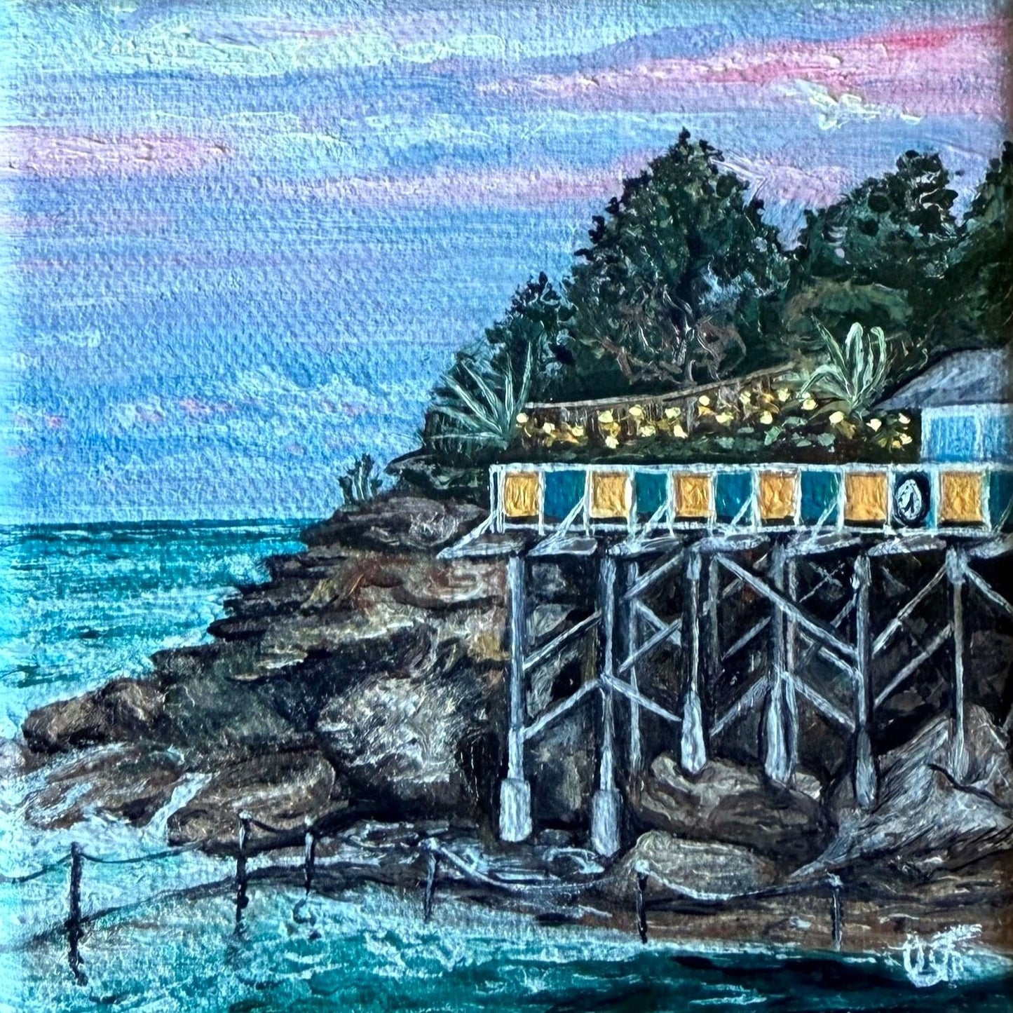 Mini oil painting of Wylies Baths at Sunset, Coogee Beach, Sydney