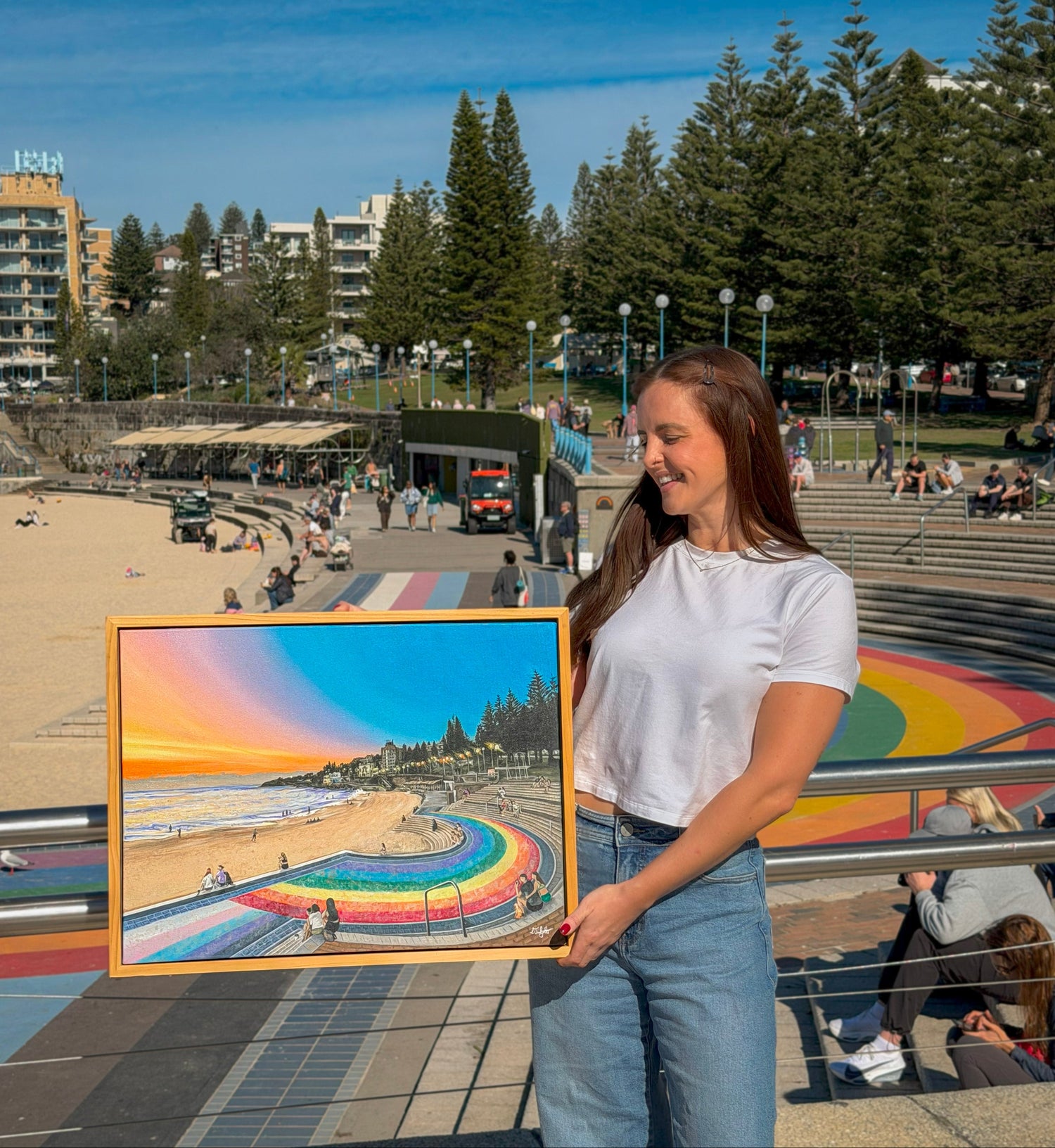 oil painting of coogee beach and iconic rainbow steps sydney 